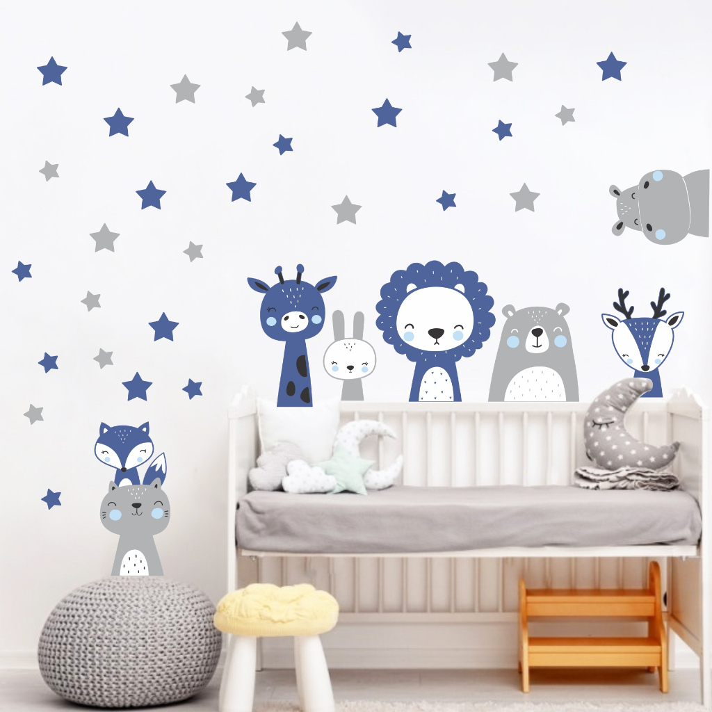 Adesivo Parede Infantil Animais Bichinhos baby e Estrelas Azul Marinho e cinza decoração quarto bebê