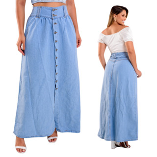 Saia longa jeans feminina cintura alta fechamento com botões 100% algodão sem elastano em Oferta na Shopee