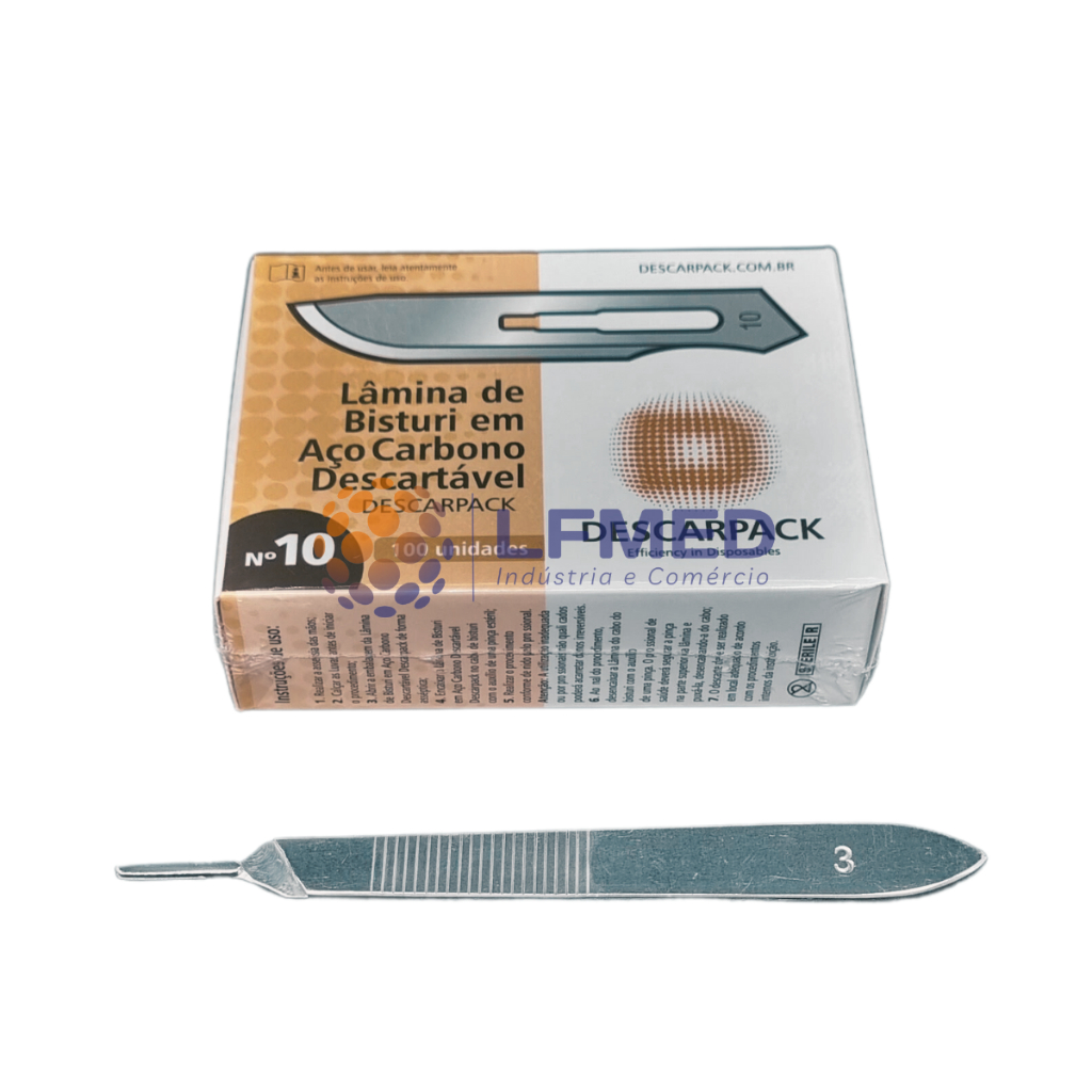 Kit Lamina Bisturi N10 C/ 100 + Cabo N 3 Dermaplaning Podologia Dentista Estética Limpeza Facial