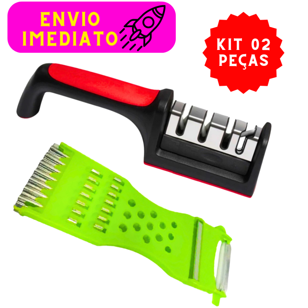 Kit 2 Peças Amolador Afiador De Facas Em Aço Inox Afiadores + Ralador Descascador Fatiador 5 em 1