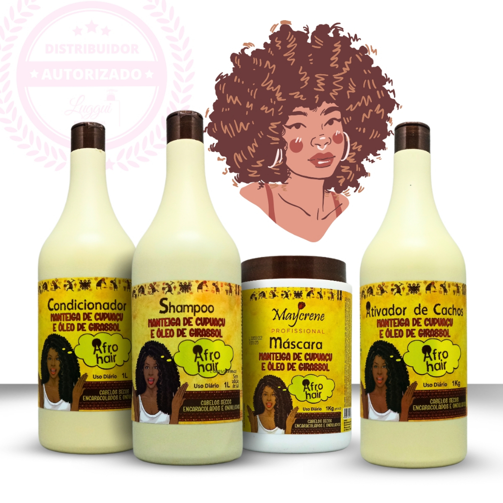 Kit Afro Hair Cupuaçu e Óleo de Girassol 3x1Litro mais Ativador de Cachos 1KG Seus Cachos mais Nutridos e disciplinados