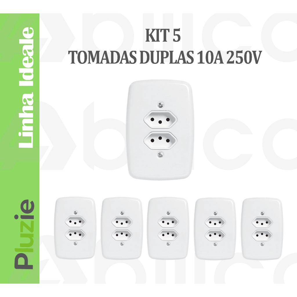 Kit 5 Conjuntos 2 Tomada 2p+T 10a 250v Ideale Branca Com Placa