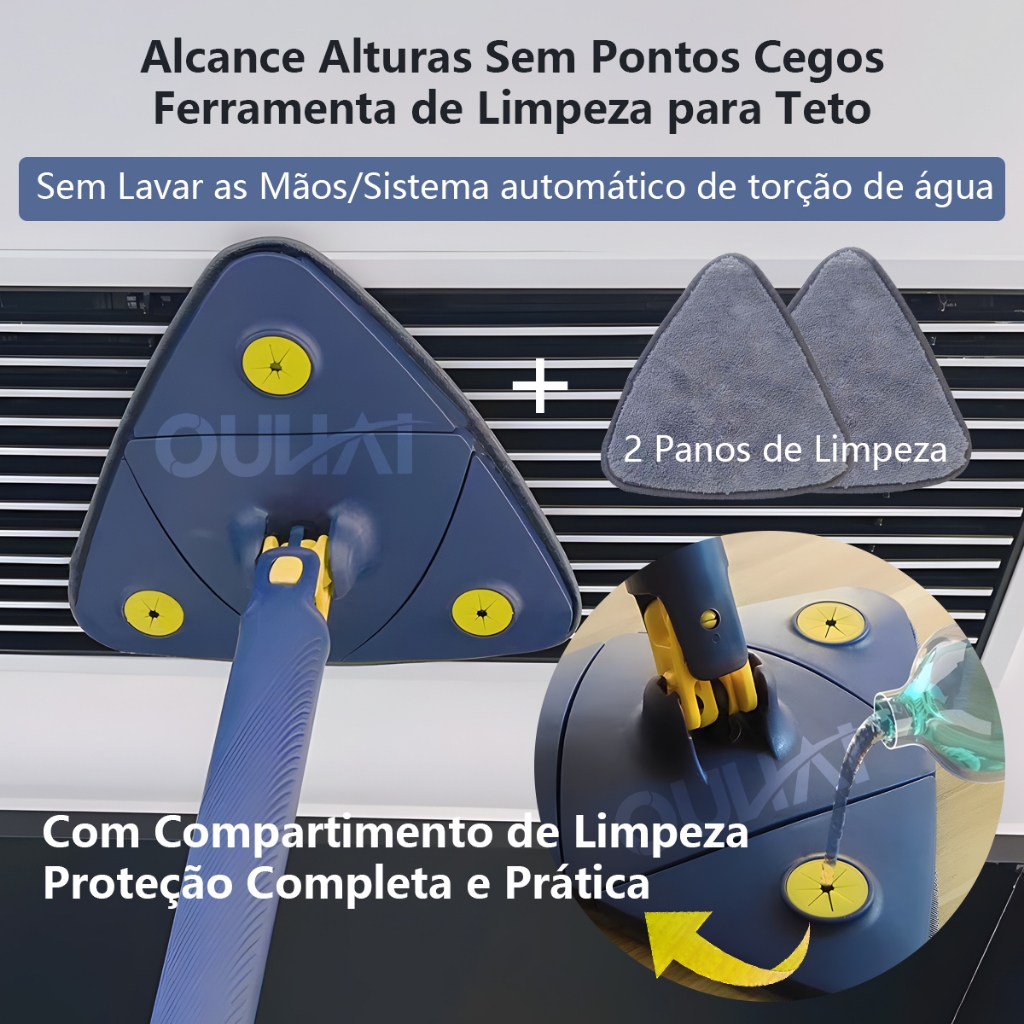 Esfregão Triângulo 360° Giratório Ajustável com 2 Panos Reutilizáveis para Pisos