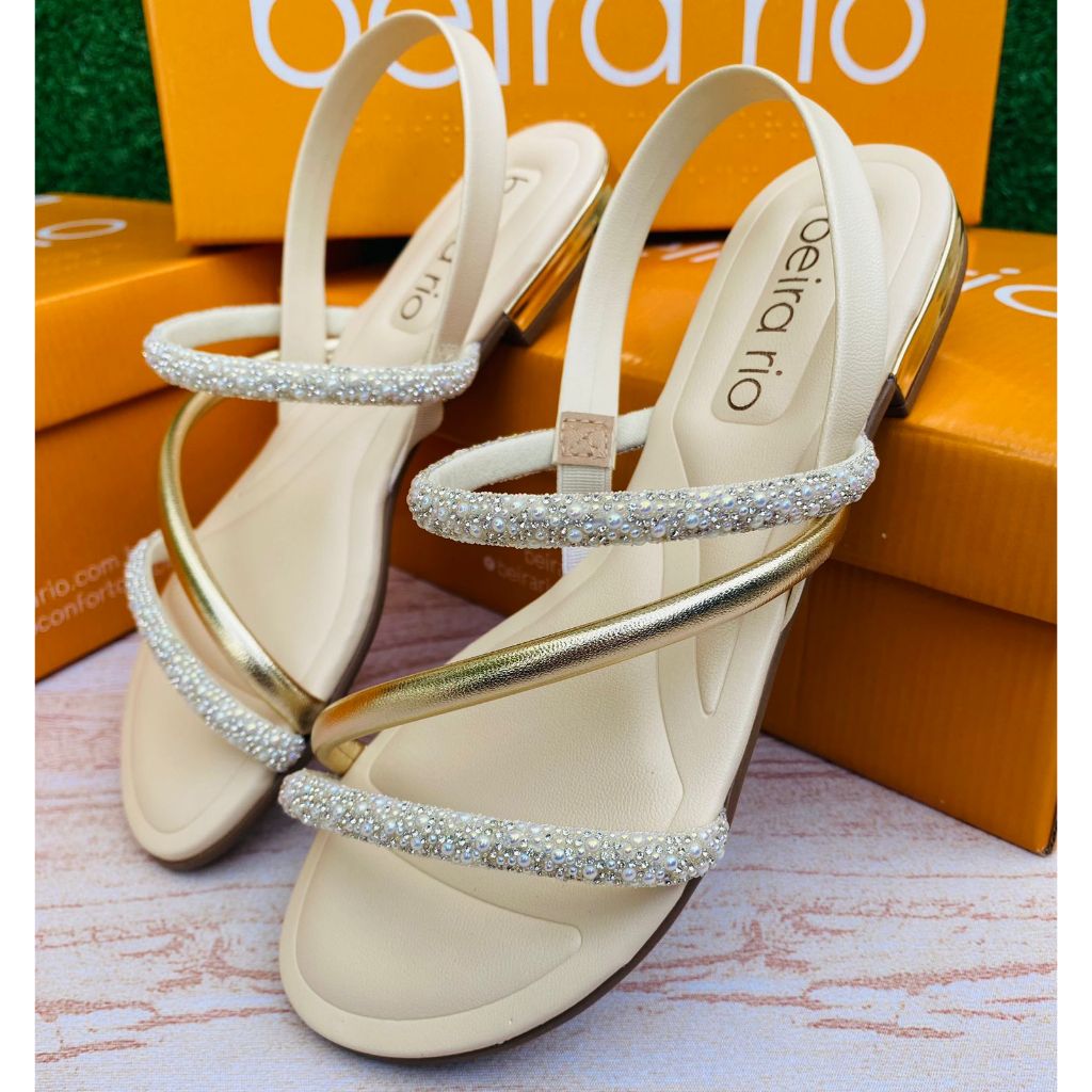 Sandália Papete Rasteirinha Beira Rio Feminina Perolas Lançamento Brilho