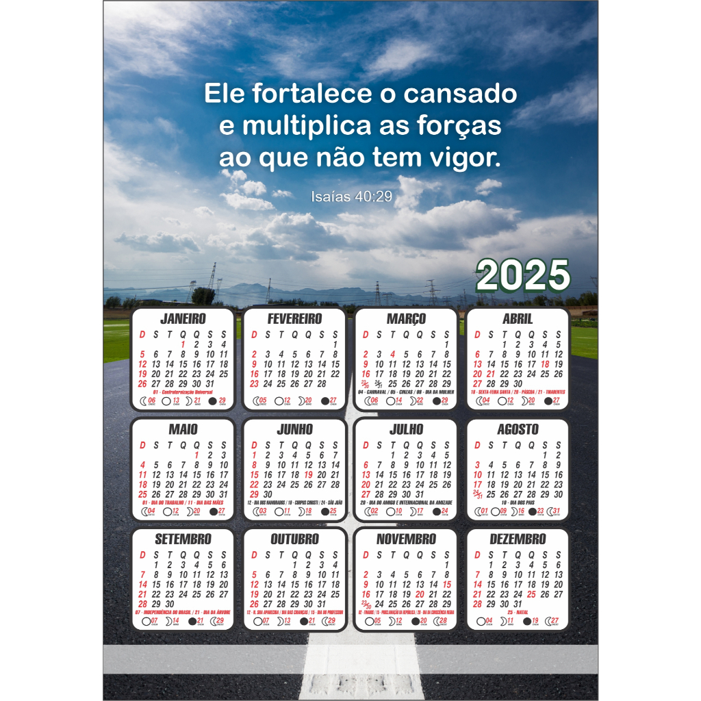 Calendário de Parede 2025 Versículo Bíblico Isaías 40:29 Tamanho 20x28