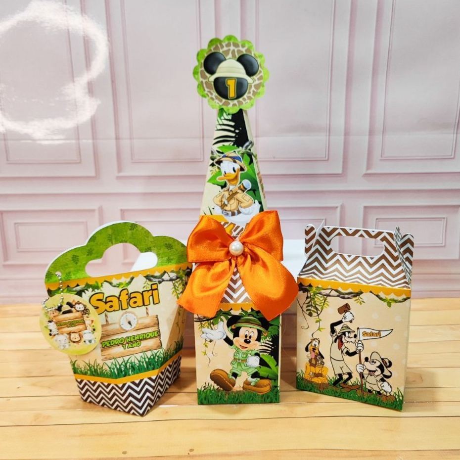 KIT 20/40/60 FESTA CAIXINHAS PERSONALIZADAS PARA LEMBRANCINHA DE ANIVERSÁRIO MICKEY SAFARI E SUA TURMA SELVA AVENTURA