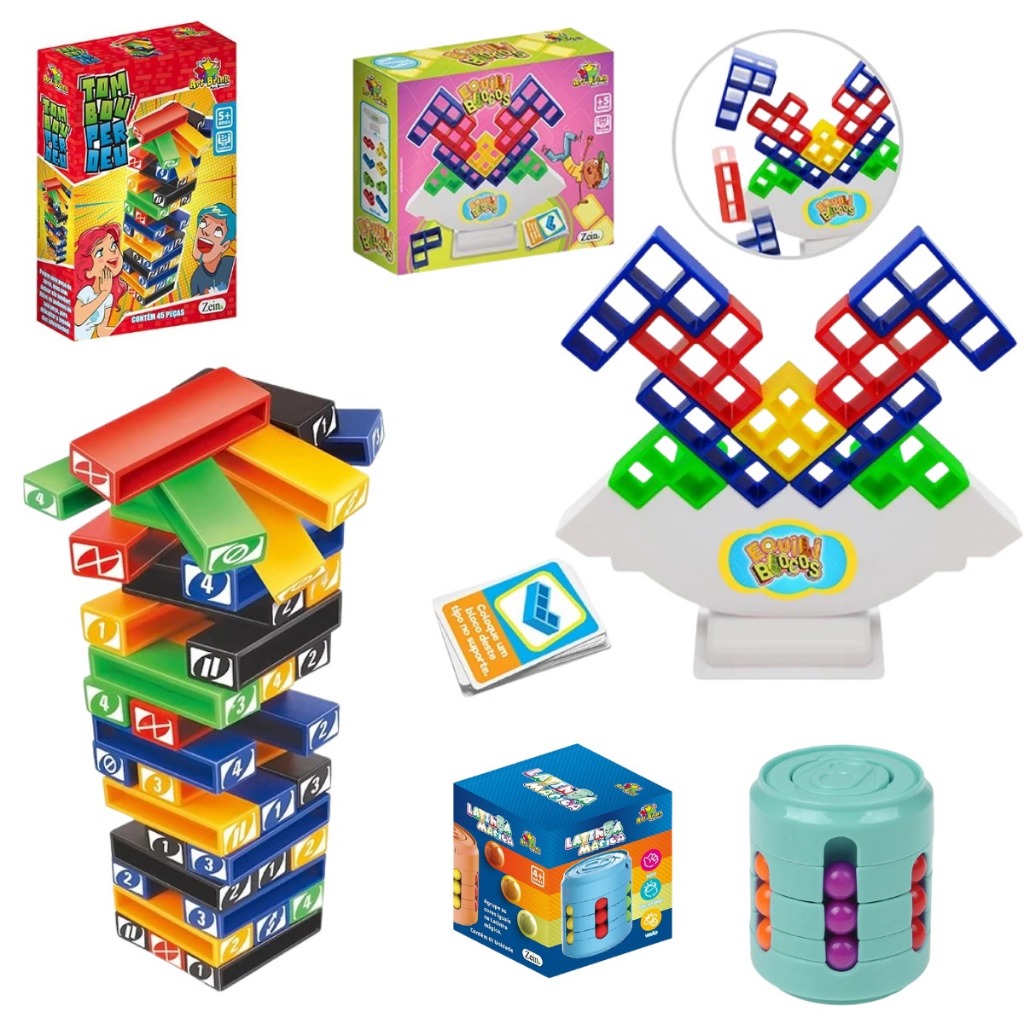 Combo com 3 brinquedos Educativos Equili blocos ,tombou perdeu e Latinha cilindro magico quebra