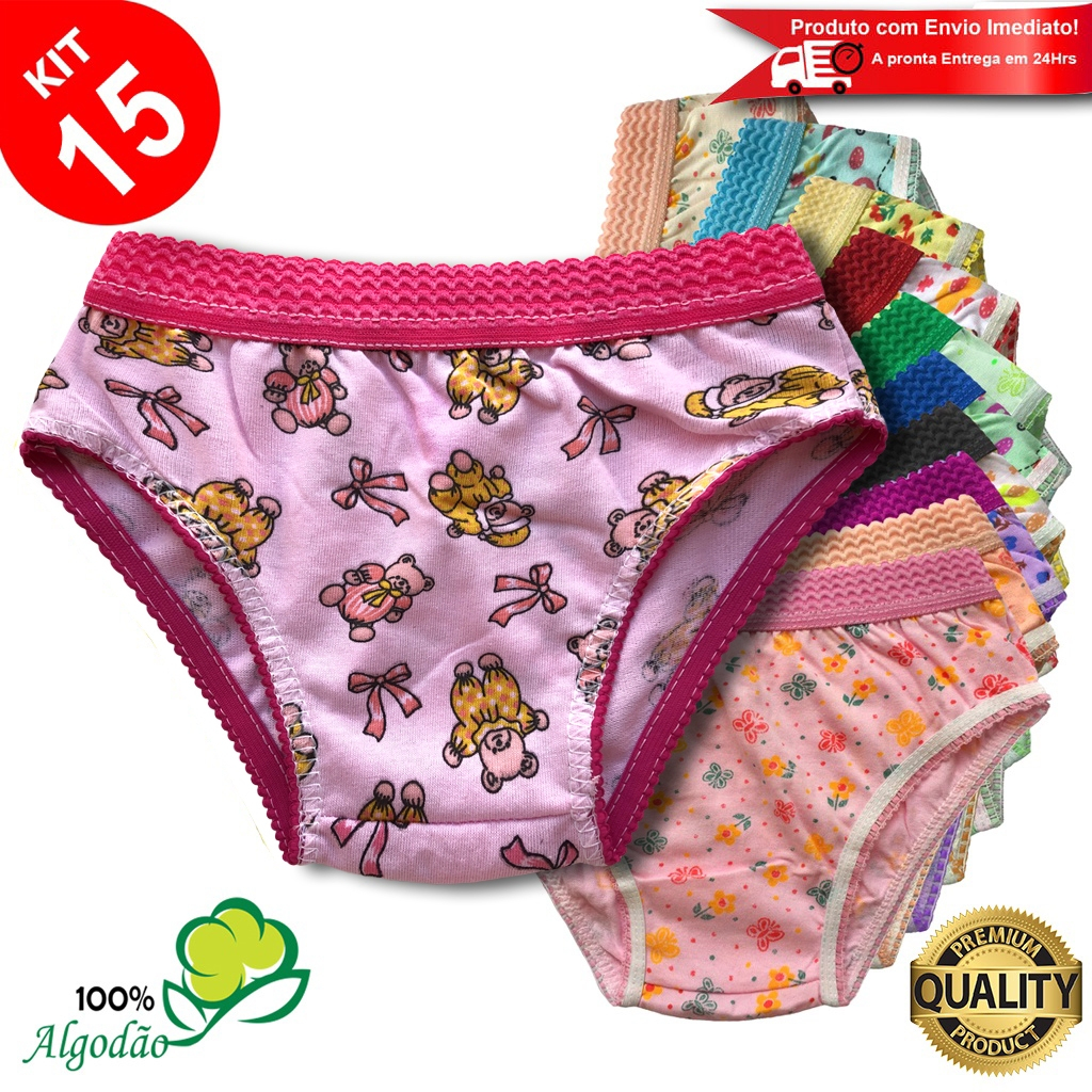 Kit 15 Calcinhas Infantil Algodão Cós Elástico Estampada Menina em Oferta na Shopee