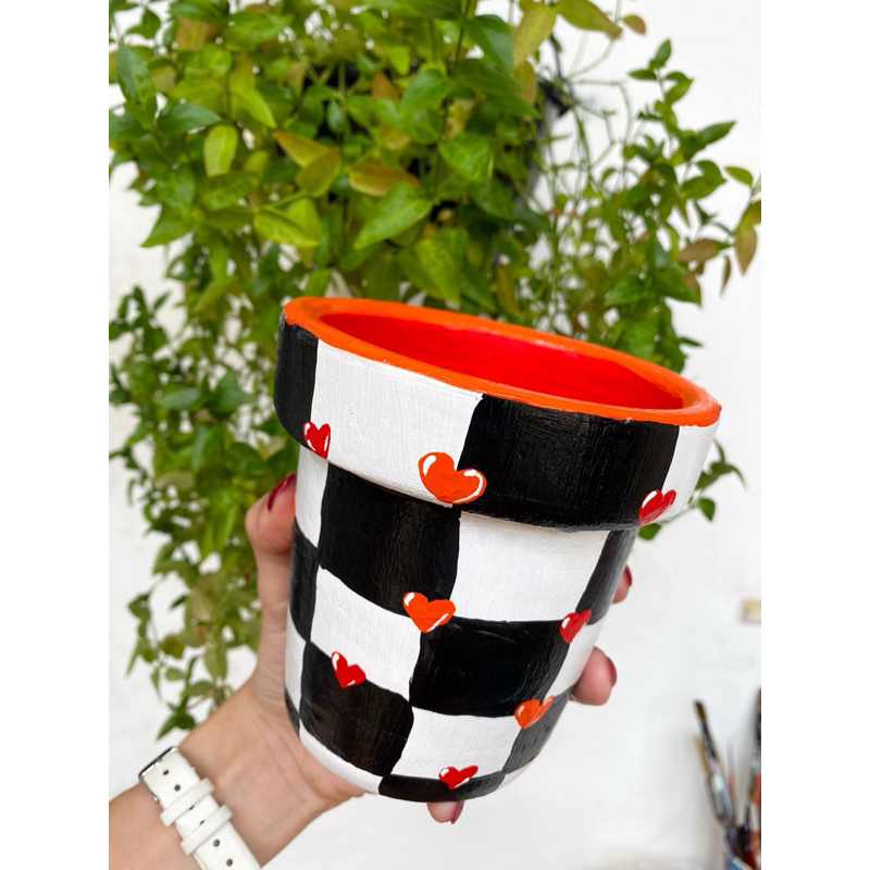 Vaso barro Heart Chess | decoração | vaso para planta | pintado a mão