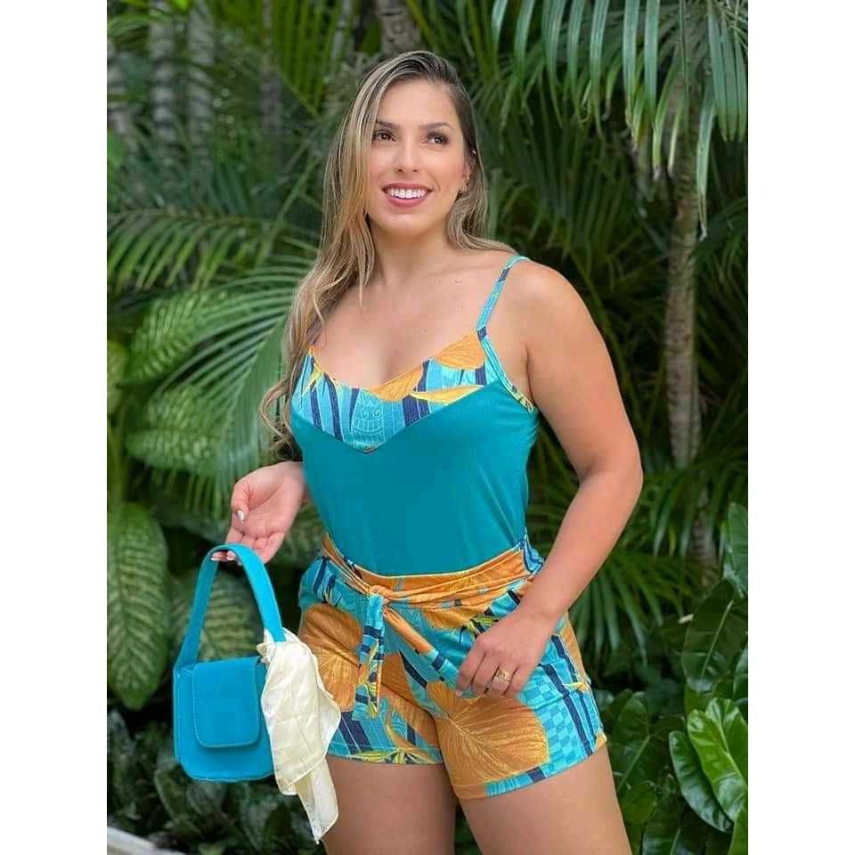 CONJUNTO BLUSA E SHORT MALHA FRIA LIGANETE ESTAMPADO BÁSICO  PARA O DIA A DIA  CONFORTÁVEL