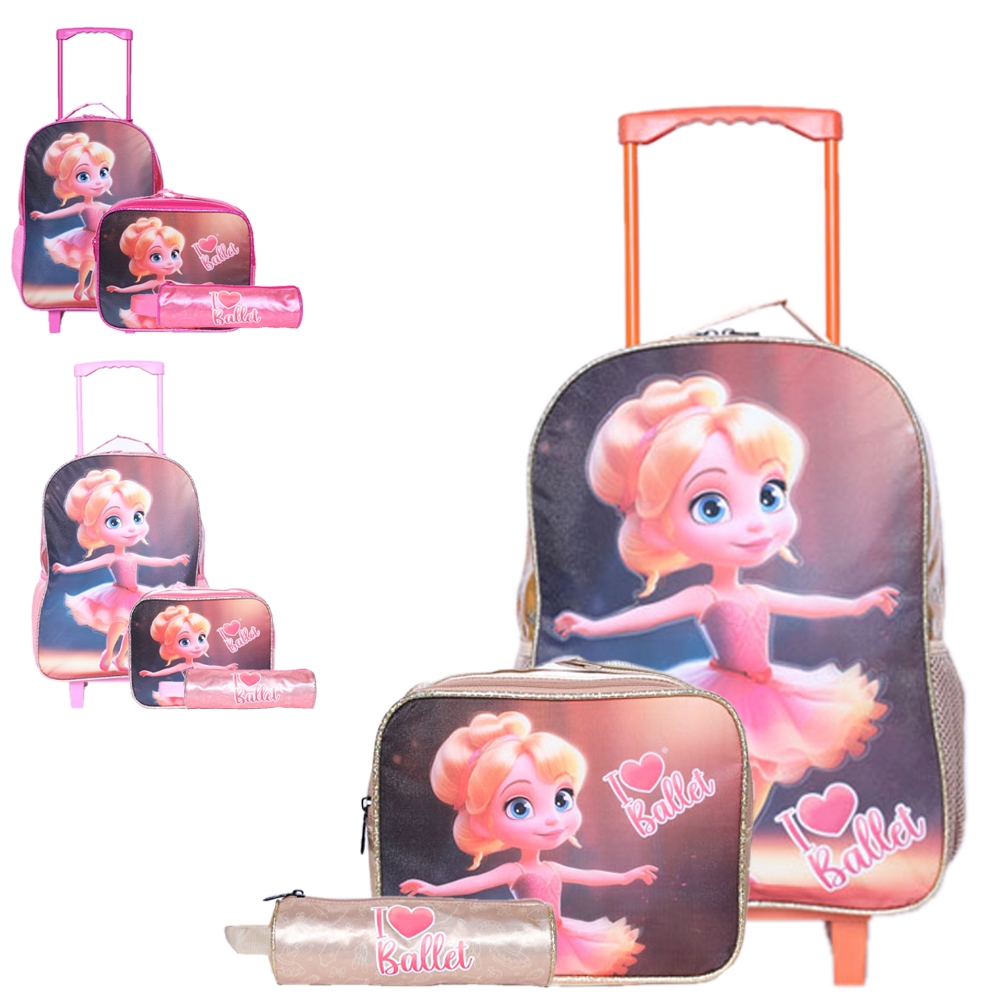 Mochila Escolar Feminina Rodinha + Lancheira Térmica + Estojo Resistente