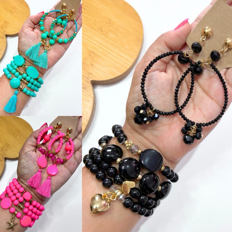 KIT 1 Mix pulseiras miçangas e 1 brinco argola de miçangas feminina sortidas