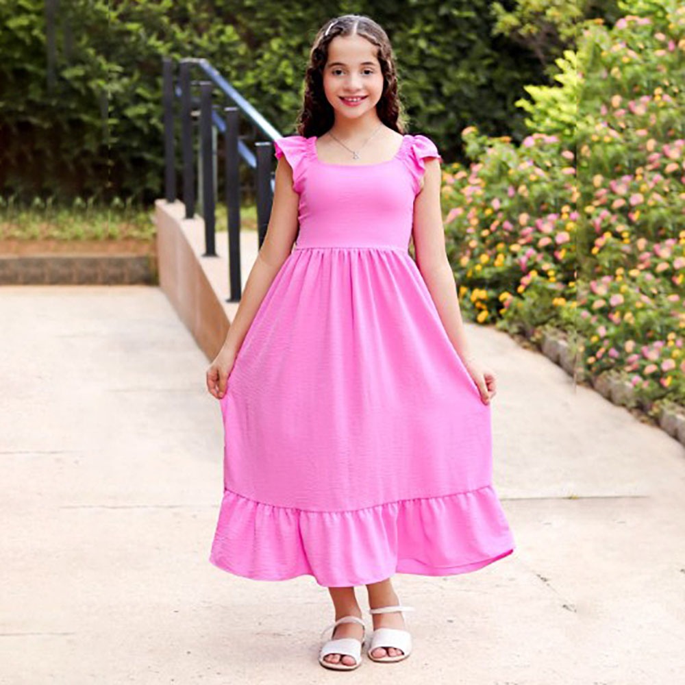 Vestido Juvenil Longo Alcinha e babados 2 Maria | Vestido Longo Infantil em Tecido Duna