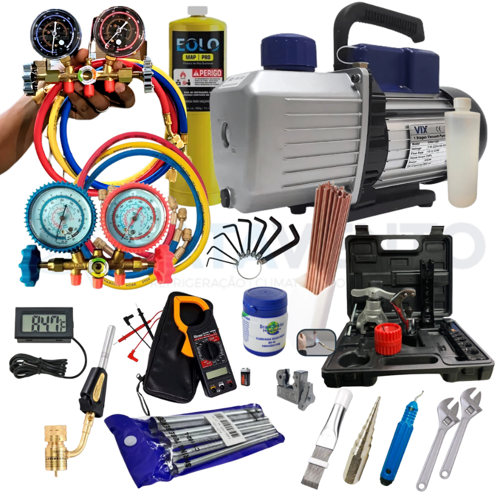 Kit Ferramentas 7 CFM Duplo P/ Refrigeração Ar Condicionado, 2 Manifolds