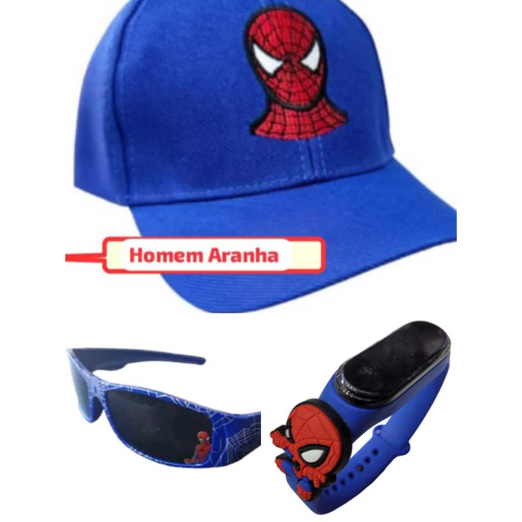 Bone bordado , oculos de sol e relogio digital a prova d agua infantil menino do homem aranha azul , novidade .
