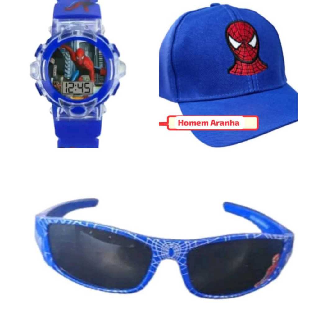 Relogio musical digital com led , oculos de sol e bone bordado azul masculino infantil do homem aranha , lancamento