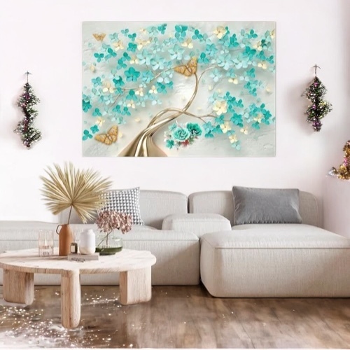 Quadro Decorativo Grande 110x80 Flor Cerejeira Azul Linda De Luxo Para Sala