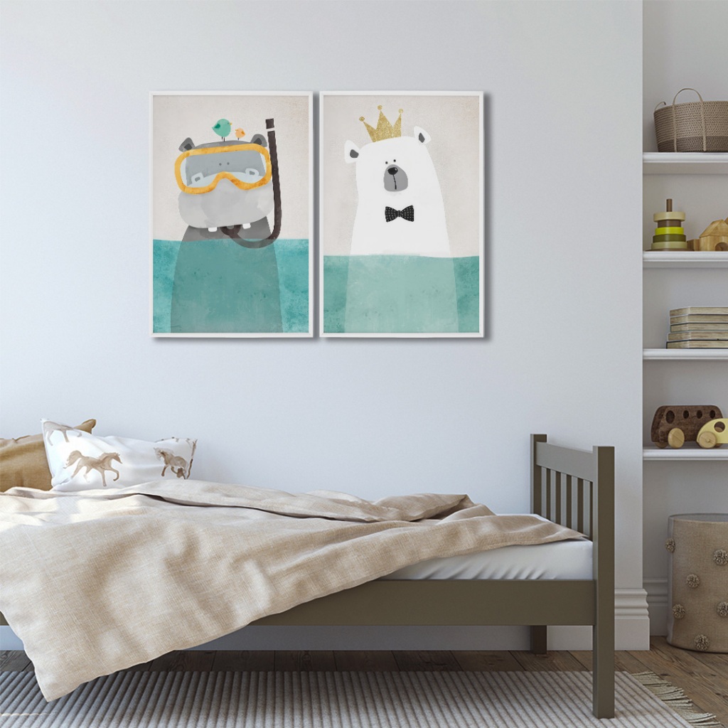 2 Quadros Decorativo Infantil Aventura Submersa: Hipopótamo Mergulhador e Urso Polar Real em Oferta na Shopee