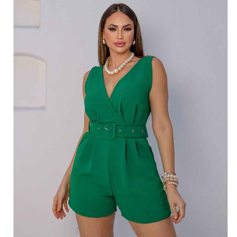 MACAQUINHO FEMININO SOLTINHO CURTO COM CINTO MACAQUINHO REGATA ALÇA ALFAIATARIA DUNA