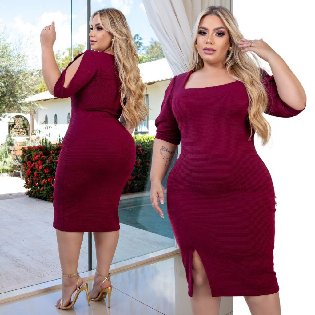 Vestido Feminino Midi Plus Size Moda Evangélica De Festa Com Manga e Fenda Do GG ao G4 em Oferta na Shopee