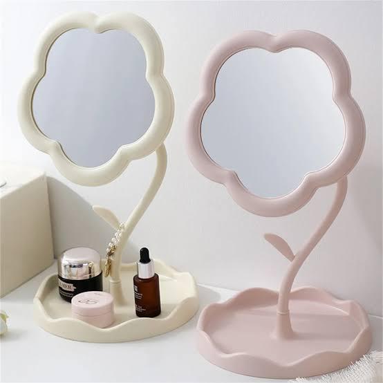 ESPELHO DE MESA FLOR COM BASE PORTA JOIAS + GANCHO DE PLASTICO