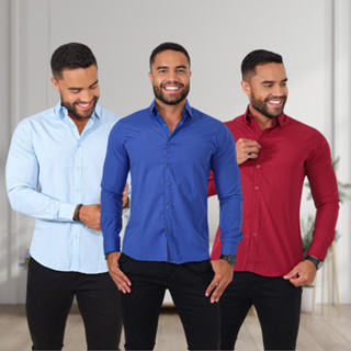 Kit de 3 camisa social masculina manga longa lisa luxo sem bolso algodão não amassa e não desbota em Oferta na Shopee