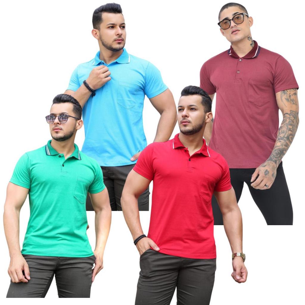Kit 4 Camisetas Gola Polo Com Bolso Algodão Malha Fio 30 Manga Curta Estilo Casual Moda Masculino
