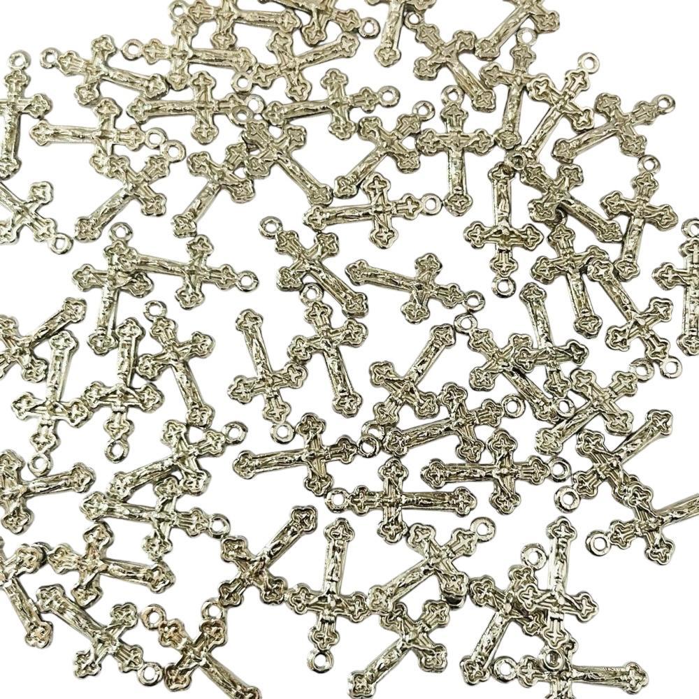 30 Pingente Cruz Duplaface 2cm em Metal Prateado - Pingente Cruz para Terço de pulso artesanato e lembranças