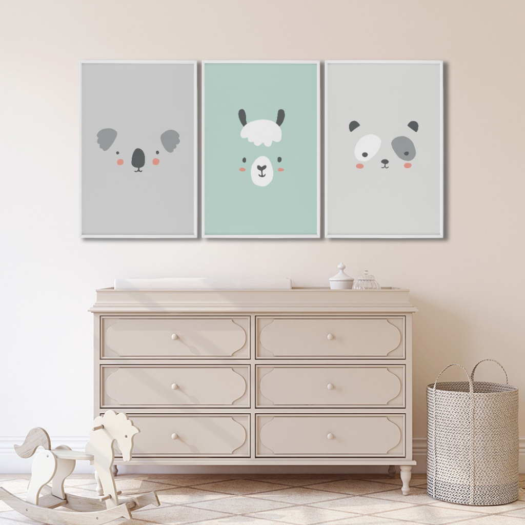 3 Quadros Decorativo Infantil Refúgio dos Amigos: Coala, Lhama e Panda com Moldura