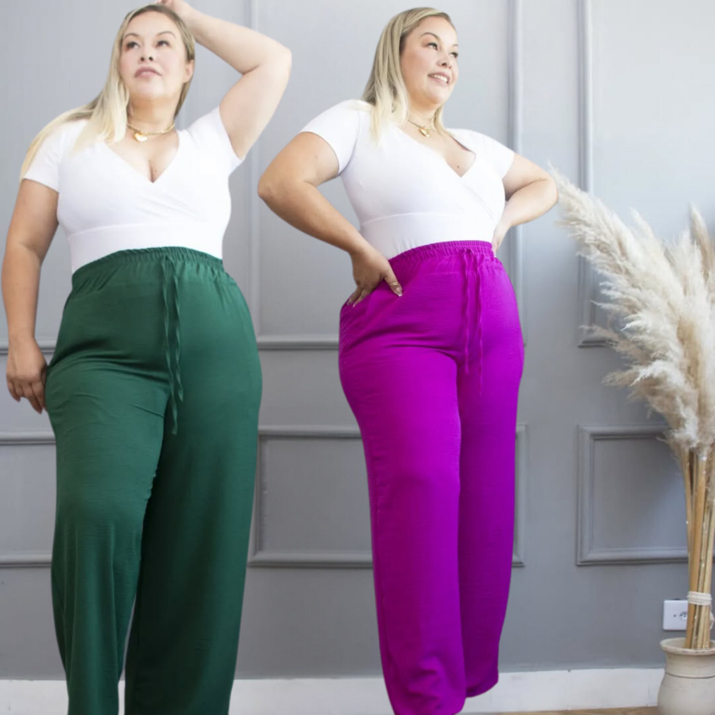 Calça Pantalona Plus Size Feminina Elástico Na Cintura Com Bolso Cintura Alta Tecido Duna