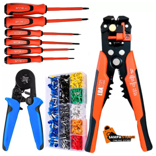 Kit 4x1 Eletricista Master - Jogo Chave Fenda + Alicate Crimpar + 1200 Terminias + Alicate Decapador
