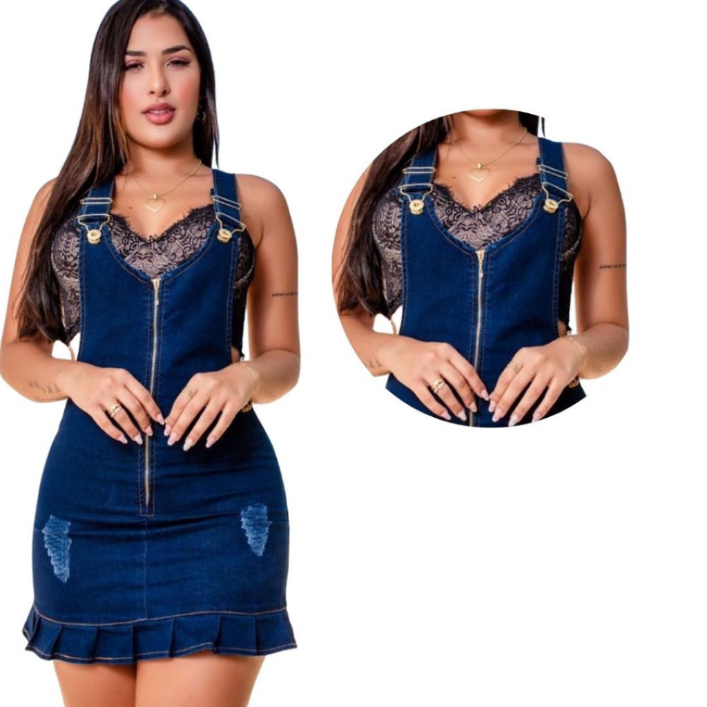 Salopete Feminina Jeans Modelo Jardineira Escura Jeans Com Lycra  98% Algodão 2% Elastano