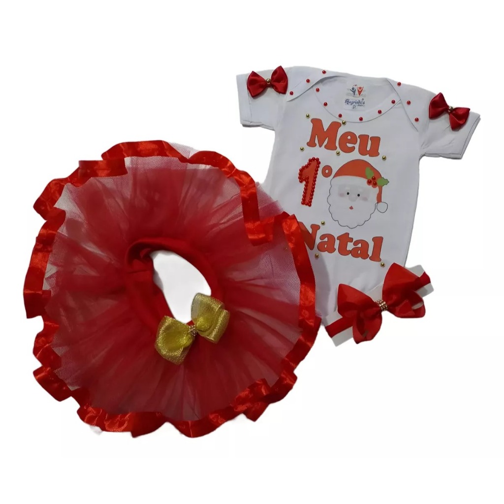 Conjunto De Bebê Menina Meu Primeiro Natal Roupa Festa Saia Papai Noel 3 Peças Body, Tule e Laço