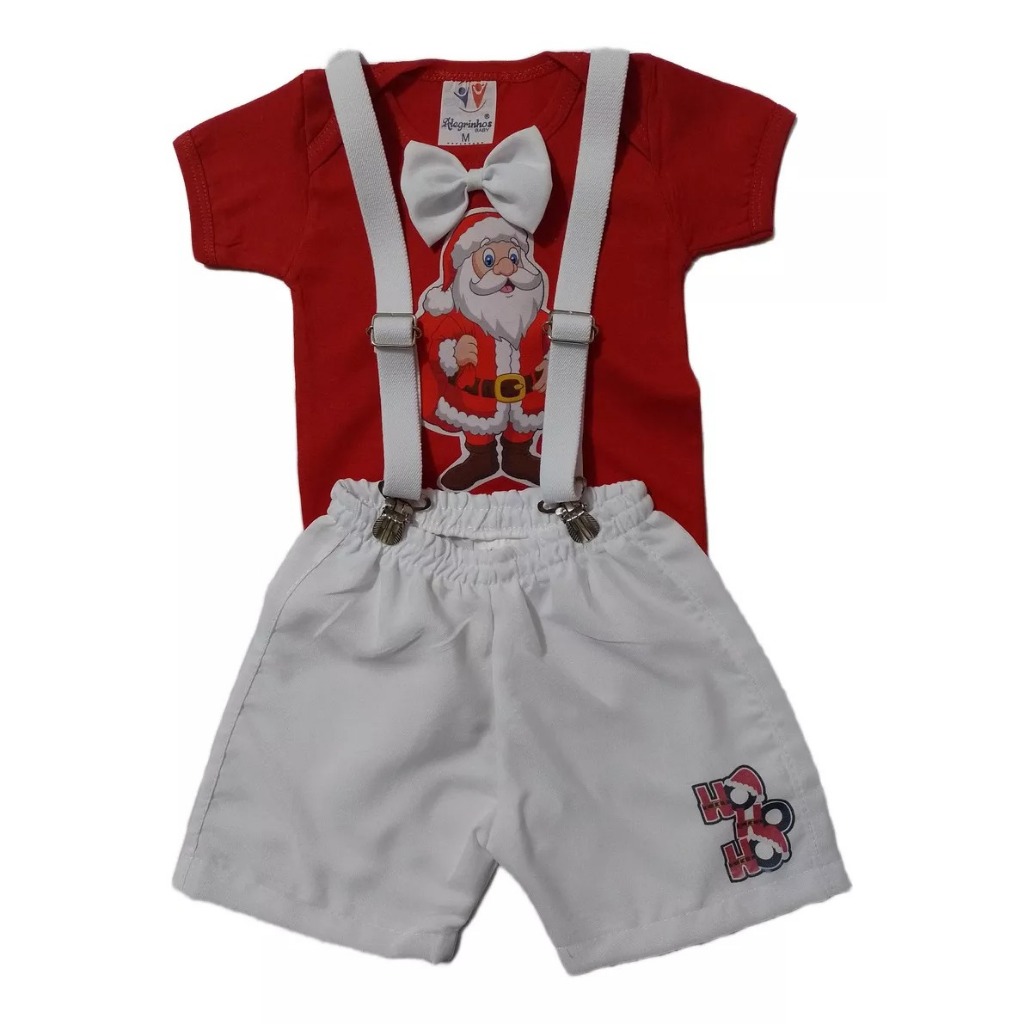 Conjunto Infantil Bebê Menino Papai Noel Roupa Festa Natalina Feliz Natal 3 Peças Body, Short e Suspensório