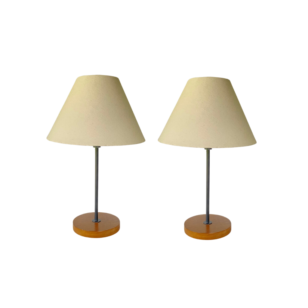 Kit Com 2 Abajur De Mesa Com Base De Madeira Redonda E Cúpula Cônica Revestida Com Tecido em Oferta na Shopee