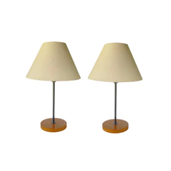 Kit Com 2 Abajur De Mesa Com Base De Madeira Redonda E Cúpula Cônica Revestida Com Tecido