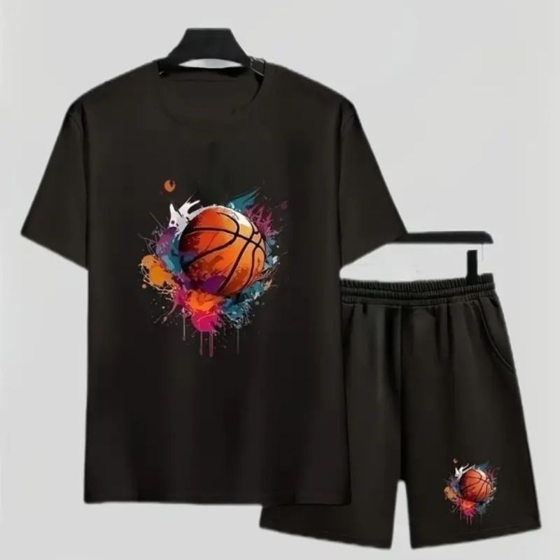 conjunto infanto juvenil com camiseta 100%, Algodão e bermuda de moletom com bolso lateral estampa bola basquete, verão