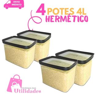 Kit 4 Potes Hermético  4 Litros Para Alimentos  Para Arroz Ração Grãos Mantimentos Empilhável