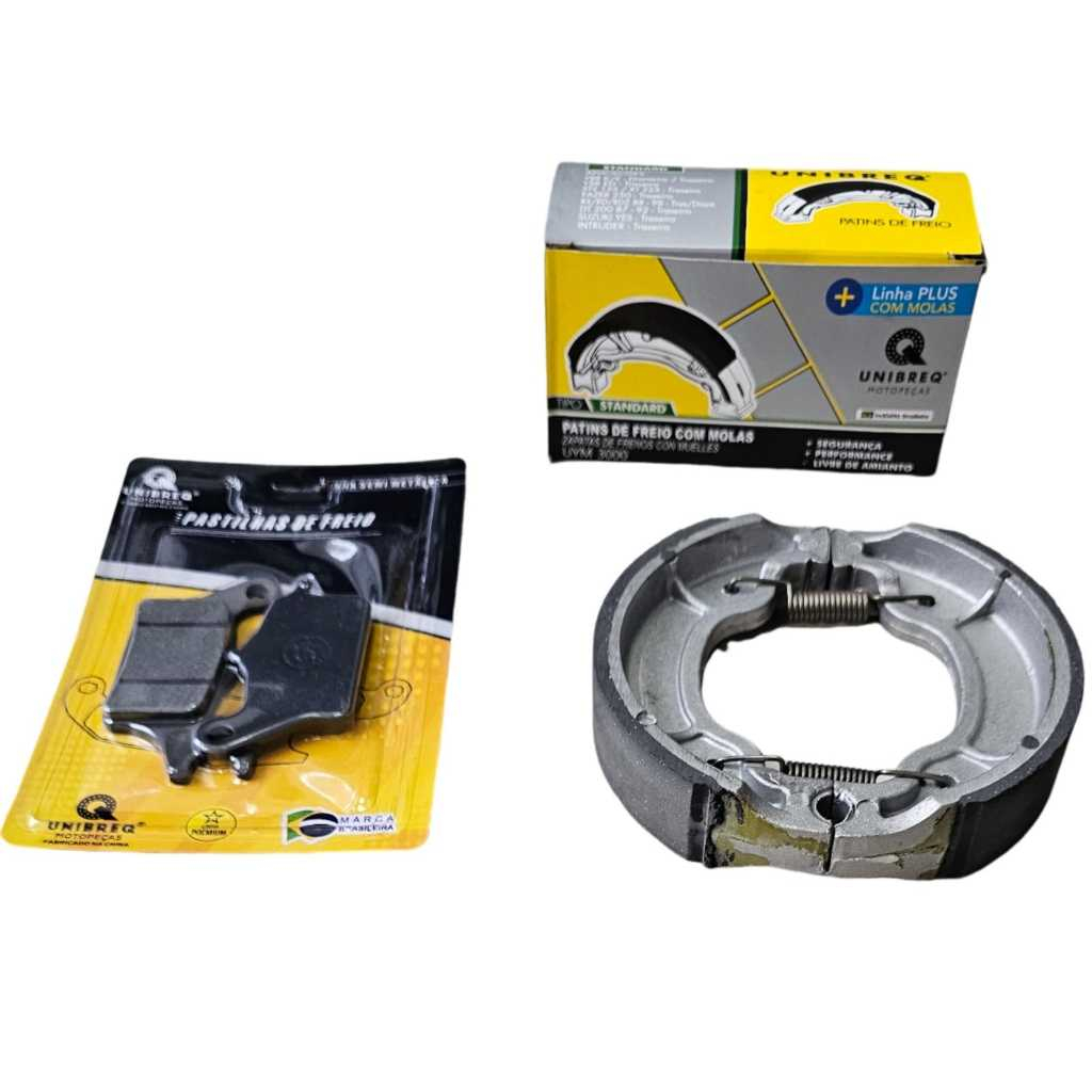 KIT YBR E FACTOR PASTILHA DE FREIO A DISCO DINATEIRA E LONA DE FREIO TAMBOR TRASEIRA UNIBREQ