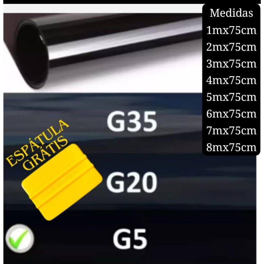 Película Tipo Insulfilm para Vidros G5 G20 G35 Automotiva e Residencial, Janela, Porta, blindex