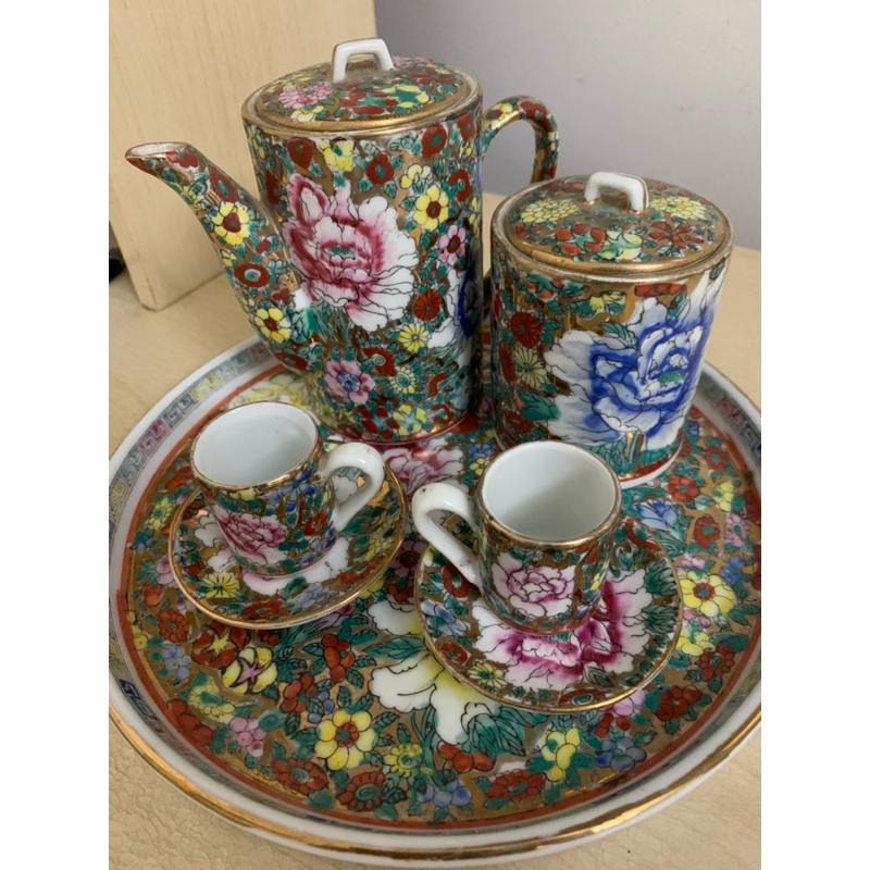 Conjunto Lotus Blooms Chinês Louça Decoração Bule Xícara Açucareiro Prato Antiquario
