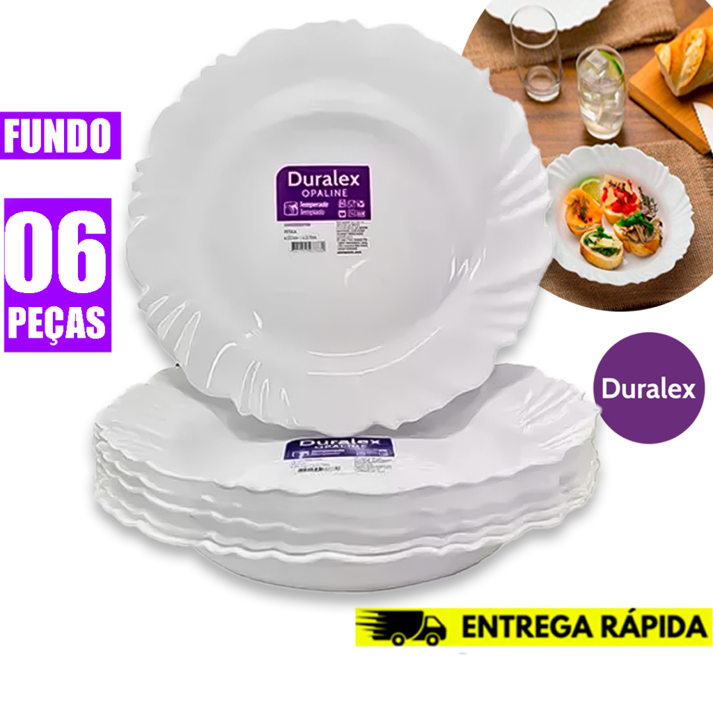 Kit 6 Pratos Fundo Duralex Vidro Opaline Pétala Branco Circular 23.5CM Temperado- Resisten...