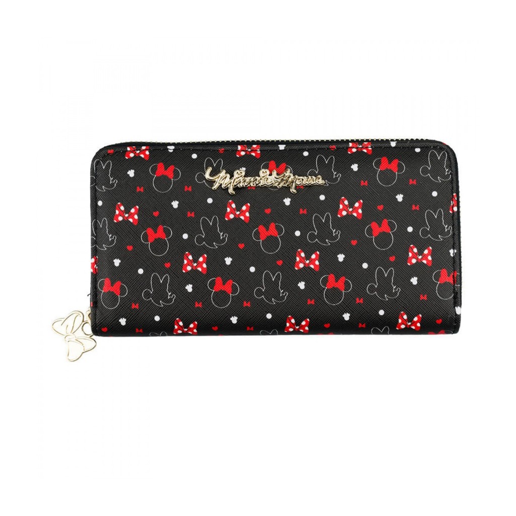 Carteira Retangular Preta Pintas Laços Minnie 10x19cm - Disney