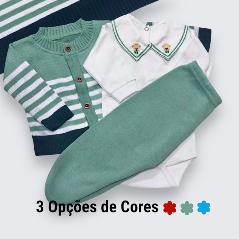 KIT Saída de Maternidade Conjunto em Tricô Listrado Menino - Casaco, Body, Calça e Manta O...