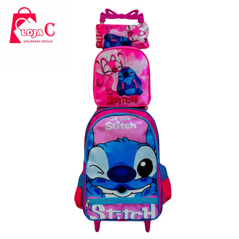 Mochila Escolar de Rodinha - Tema Stitch / Kit com 3 Peças - Stitch Rosa e Stitch Azul