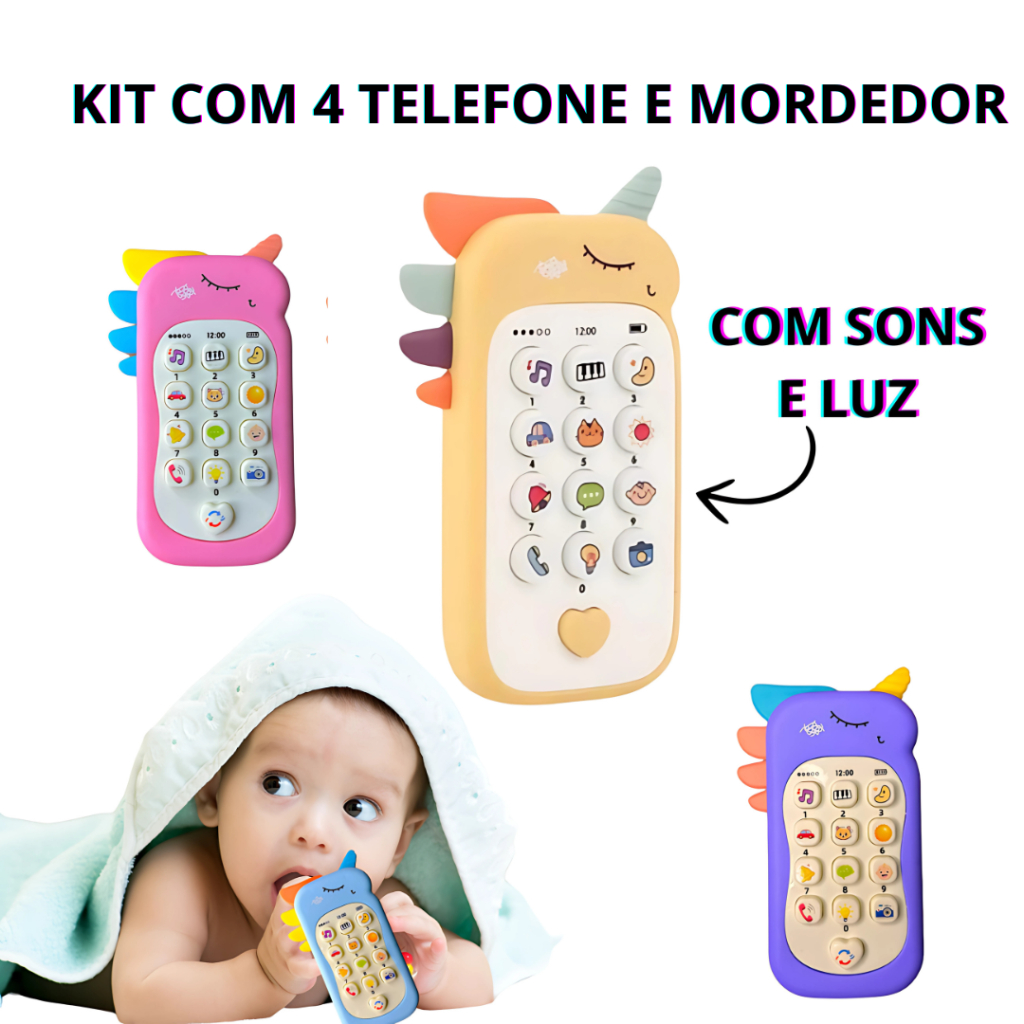 Kit com 4 Mordedor e Telefone Celular Infantil Brinquedo Infantil Educativo Musical para Bebê 2 em 1