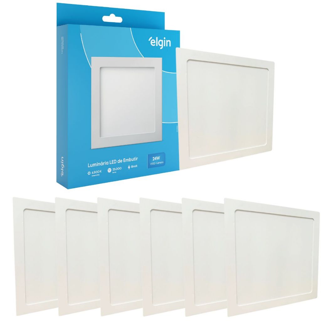 Kit 6 Painel Plafon Embutir Quadrado Led 24w Bivolt Branco Frio Elgin
