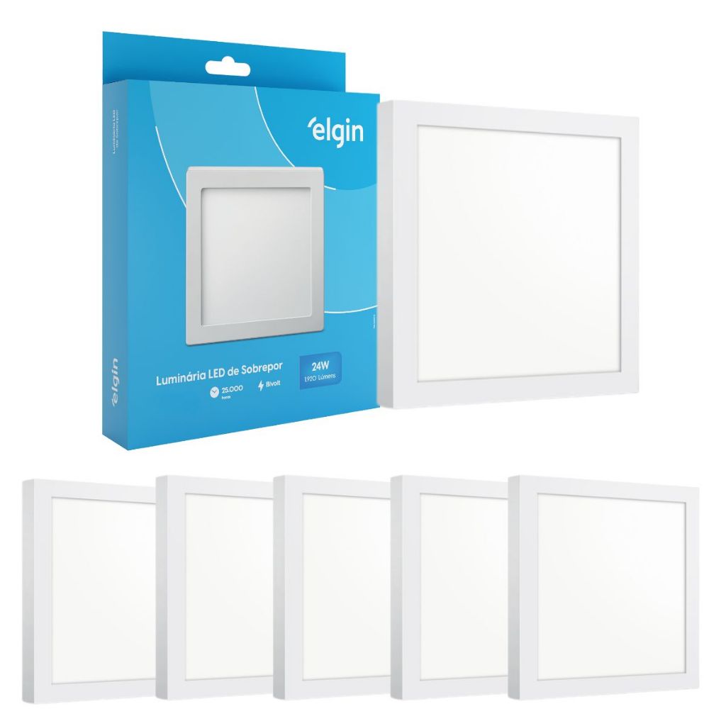 Kit 5 Painel Plafon Sobrepor Quadrado Led 24w Bivolt ELGIN - Home & Living