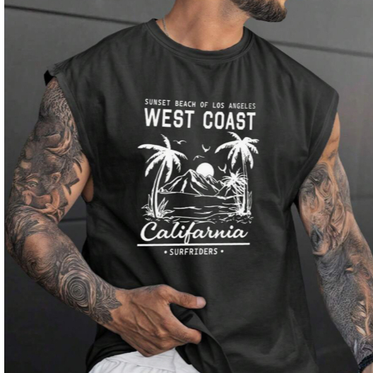 Camiseta Regata Masculina Modelo Verão Praia Modelo Streetwear Estampado California Coqueiros