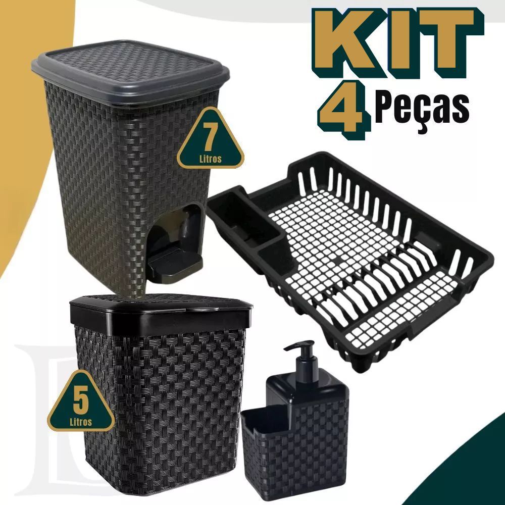 Kit Lixeira 7 Litros + Lixeira Pia 5 Litros + Porta Detergente + Escorredor Louça